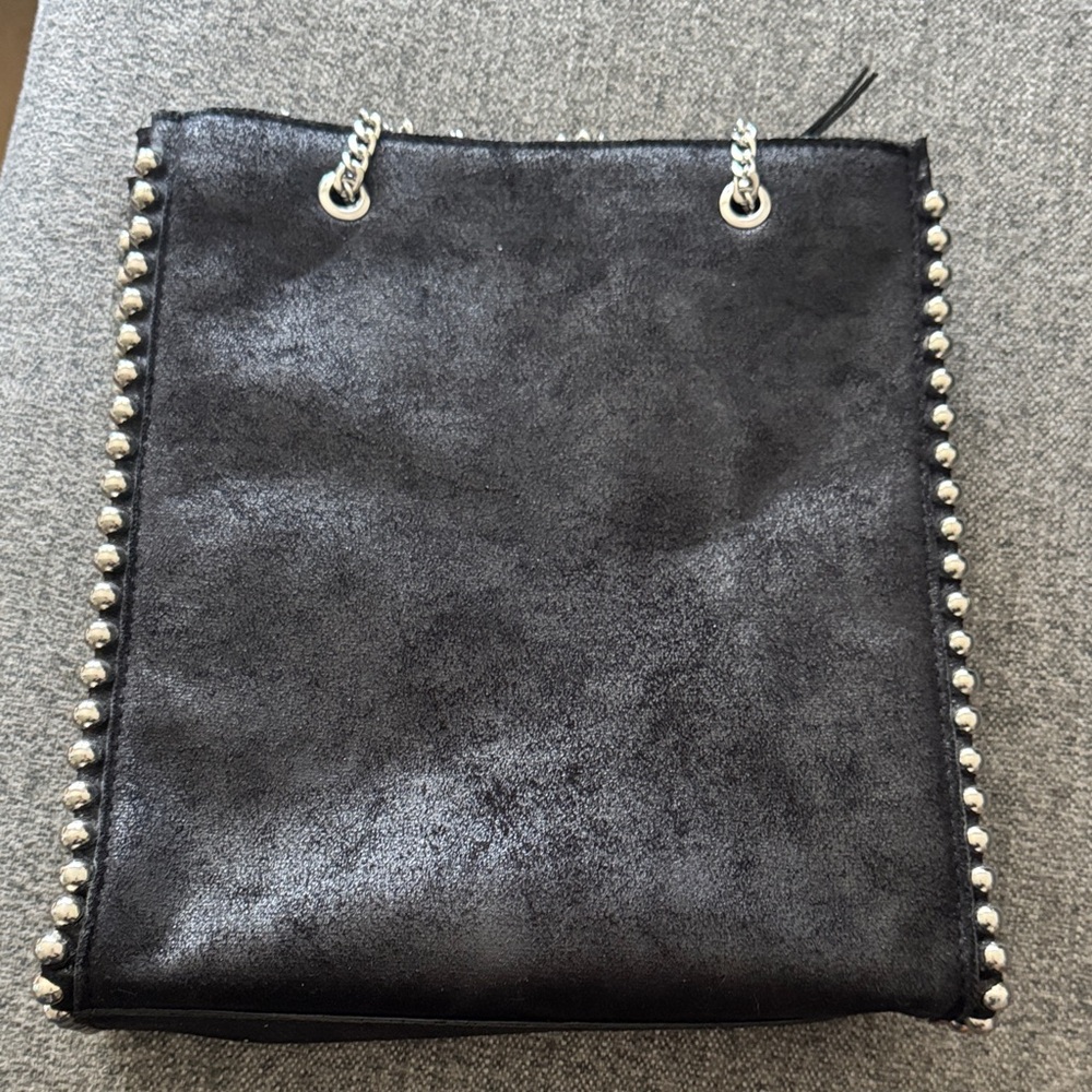 Black Faux Suede Studded Chain Strap Tote Bag
